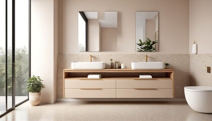 Beige bathroom interior with wooden vanity, bathtub, terrazzo floor. 3d rendering