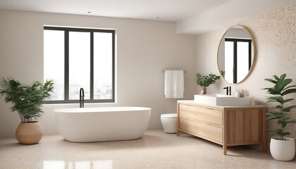 Fototapeta na wymiar Beige bathroom interior with wooden vanity, bathtub, terrazzo floor. 3d rendering