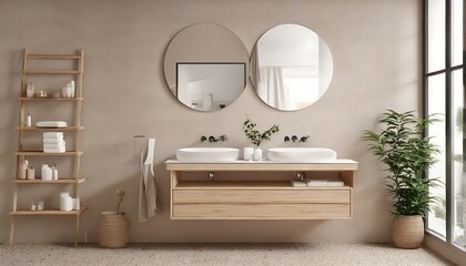 Beige bathroom interior with wooden vanity, bathtub, terrazzo floor. 3d rendering
