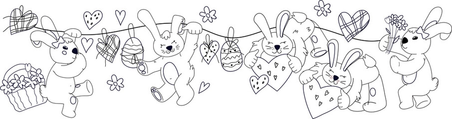 Kids coloring book page with Easter bunnies. Line art image of Easter rabbits with eggs for greeting cards and kids entertaining.