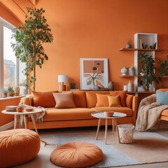 Cozy modern colorful orange interior design of a living with bright warm colors and fluffy textiles, natural earthy tones, warm autumn vibe