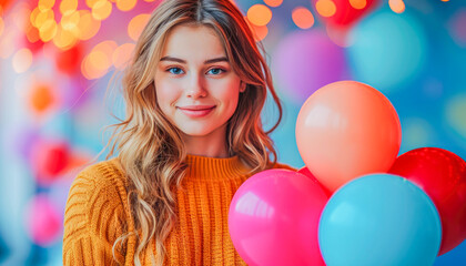 Fototapeta na wymiar Happy girl in romantic environment, decoration with balloons, February, people concept, generative ai