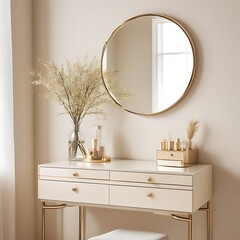 Empty modern, minimal beige dressing table, gold handle drawer storage, twig glass vase, round vanity mirror in cream wall bedroom in sunlight for luxury beauty, cosmetic