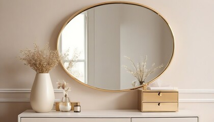 Empty modern, minimal beige dressing table, gold handle drawer storage, twig glass vase, round vanity mirror in cream wall bedroom in sunlight for luxury beauty, cosmetic