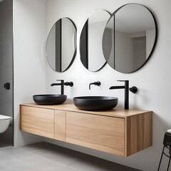 Ensuite bathroom with wall mounted timber vanity and black sink and pill shaped mirrors. Luxury hotel.
