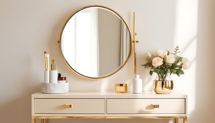 Empty modern, minimal beige dressing table, gold handle drawer storage, twig glass vase, round vanity mirror in cream wall bedroom in sunlight for luxury beauty, cosmetic