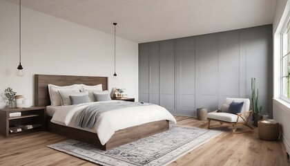 Farmhouse interior design of modern bedroom with hardwood floor.