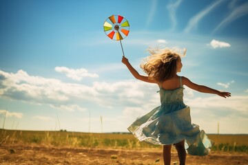 A girl in a dress runs through a field with a children's toy windmill, a weather vane rotates in the wind - obrazy, fototapety, plakaty