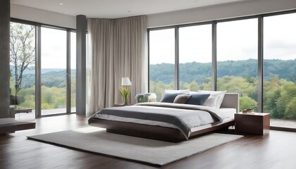 Interior of modern bedroom with large windows