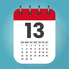 Number 13 - vector icon calendar days. 13th day of the month. Illustration flat style. Date of week, month, year Sunday, Monday, Tuesday, Wednesday, Thursday, Friday, Saturday. Holiday calendare date