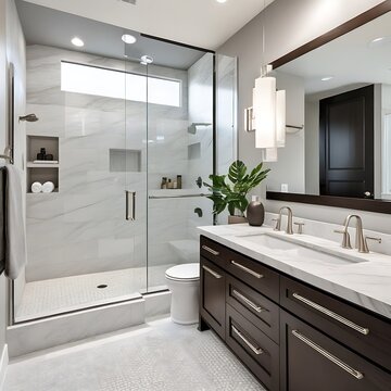 Luxury modern home bathroom interior with dark brown cabinets, white marble, walk in shower, free standing tub.