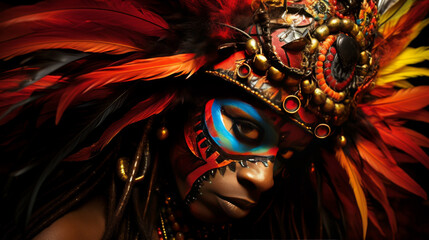 Woman Wearing Colorful Mask and Feathers close-up