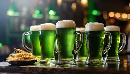 canecas de cerveja verde gelada no balcão do bar - obrazy, fototapety, plakaty