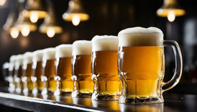 fileira de canecas de cerveja gelada no balc&atilde;o do bar