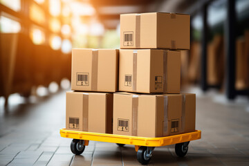 Yellow trolley with cardboard boxes in a warehouse with bokeh background. The concept of logistics of cargo, parcels. Generated by artificial intelligence