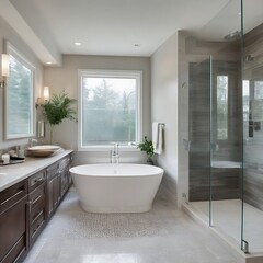 Master bathroom interior in luxury modern home with dark hardwood cabinets, white tub and glass door shower
