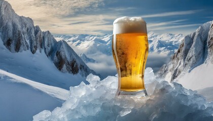 deliciosa e gelada caneca de cerveja sobre o gelo, montanhas geladas ao fundo com neve