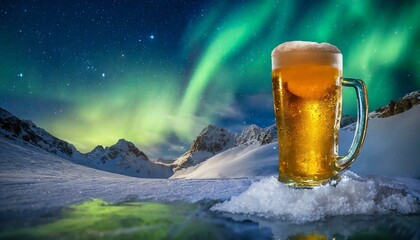 deliciosa e gelada caneca de cerveja sobre o gelo, montanhas geladas ao fundo com neve, aurora - obrazy, fototapety, plakaty