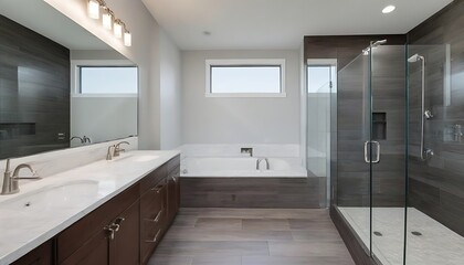Fototapeta na wymiar Master bathroom interior in luxury modern home with dark hardwood cabinets, white tub and glass door shower
