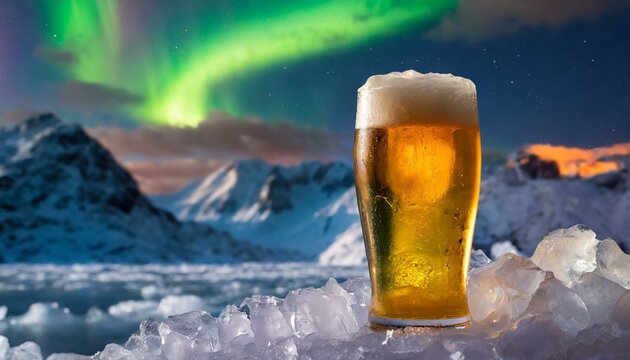 deliciosa e gelada caneca de cerveja sobre o gelo, montanhas geladas ao fundo com neve, aurora