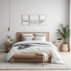 Fototapeta na wymiar Minimal bedroom interior with Home decoration mock up. Cozy coastal stylish, furniture, comfortable bed, Modern design background