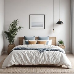 Minimal bedroom interior with Home decoration mock up. Cozy coastal stylish, furniture, comfortable bed, Modern design background