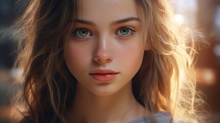 Charming young girl with long blond hair in a shopping center, charming smile.