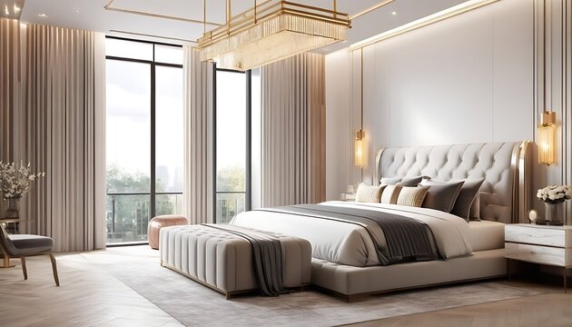 Modern bedroom Interior | Bedroom interior. Art deco style | Luxurious large bedroom | Modern contemporary loft bedroom with open door | Bedroom interior. 3d render