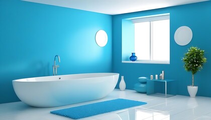 Fototapeta na wymiar Modern blue bathroom interior with bath and decorative objects