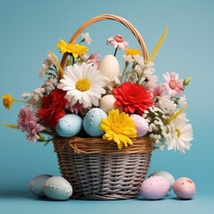 Fototapeta na wymiar A colorful Easter basket overflowing with pastel eggs and spring flowers on a blue background