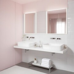 Fototapeta na wymiar Pink and white bathroom interior, double sink
