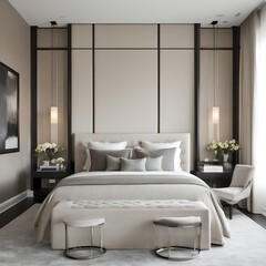 Sleek and contemporary master bedroom with a neutral color palette