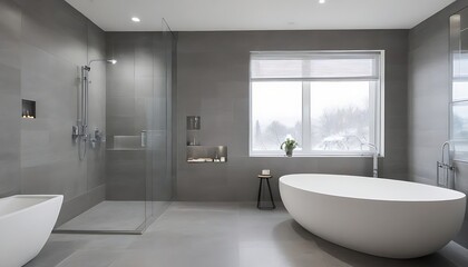 Fototapeta na wymiar Spacious bathroom in gray tones with heated floors