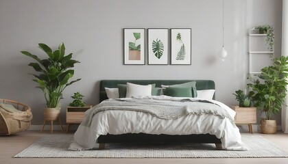 Fototapeta na wymiar Stylish interior of bedroom with green houseplants