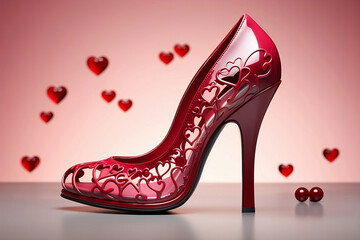 Women's red high heel shoe decorated with hearts. Valentines Day Fashion. - obrazy, fototapety, plakaty