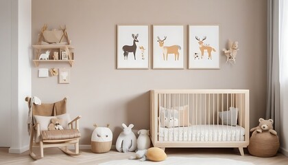Fototapeta na wymiar Stylish scandinavian newborn baby room with brown wooden mock up poster frame, toys, plush animal and child accessories