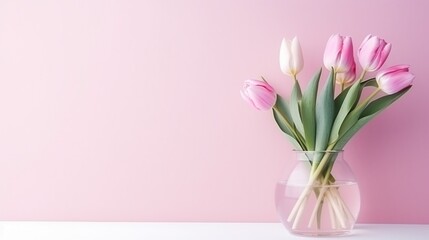 pink pastel valentines day background with copy space and tulip in glass vase