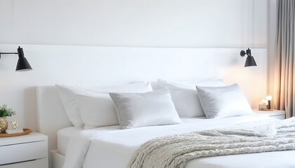 White cozy bed and pillows in modern bedroom