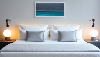 White cozy bed and pillows in modern bedroom