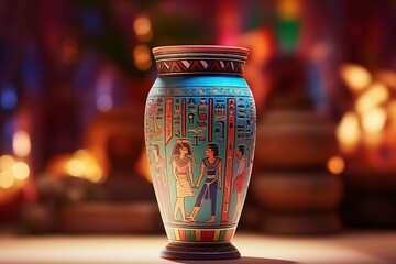 An ancient Egyptian ceramic vase depicting people and their daily lives illuminated by neon light