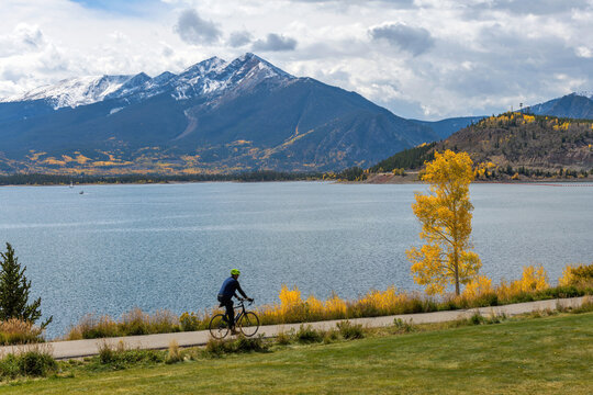 Dillon Reservoir - An Autumn view of colorful Dillon Reservoir, with snow-capped Tenmile Range towering in background. Dillon, Colorado, USA.