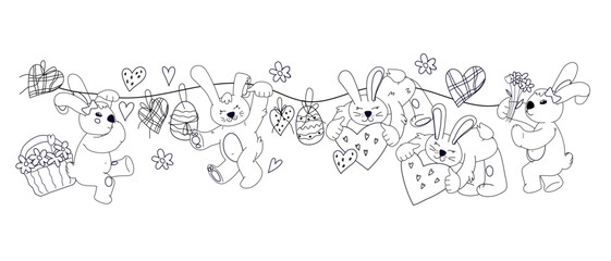 Kids coloring book page with Easter bunnies, outline vector illustration isolated on white background. Line art image of Easter rabbits with eggs for greeting cards and kids entertaining.