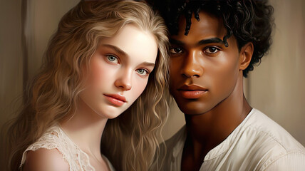 Obraz premium Portrait of a young beautiful interracial couple. Mixed race relations. A beautiful girl with white skin and an attractive guy with dark skin are hugging.
