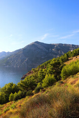 Beautiful view of Biokovo mountain and Adriatic Sea in Brela, Croatia.