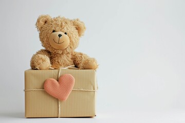 Teddy bear sitting on a birthday present with a heart-shaped gift tag against an isolated white background conveying the sweetness and affection of a thoughtful birthday surprise