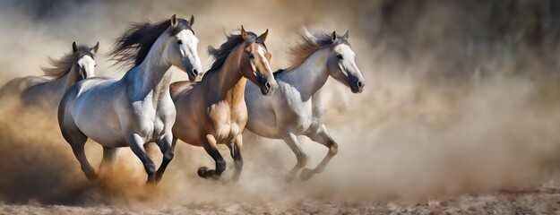 Herd of Horses Galloping Through Dusty Trail. A dynamic scene with several horses in mid-gallop, dust rising beneath them, speed, power and freedom concept. Panorama with copy space. - obrazy, fototapety, plakaty