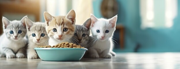 Hungry Kittens Gathered for a Meal. Five cats sit eagerly before a bowl of food, anticipation in their gazes. Domestic pets bliss. Breed nutrition background. Panorama with copy space. - obrazy, fototapety, plakaty
