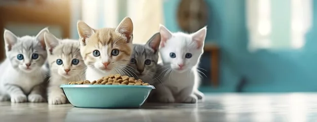 Foto op Plexiglas Hungry Kittens Gathered for a Meal. Five cats sit eagerly before a bowl of food, anticipation in their gazes. Domestic pets bliss. Breed nutrition background. Panorama with copy space. © vidoc