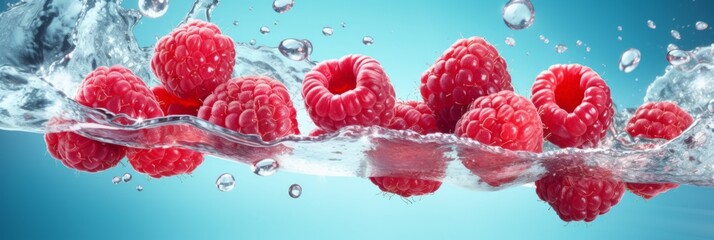 Raspberries in a splash of water and juice on a light background