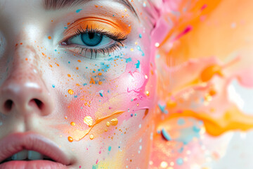 Woman with colour on her face Woman with colorful face touching face. Face paint. Makeup Time. Beauty Portrait of Woman with Artistic Make-Up. Colorful painting over the models face